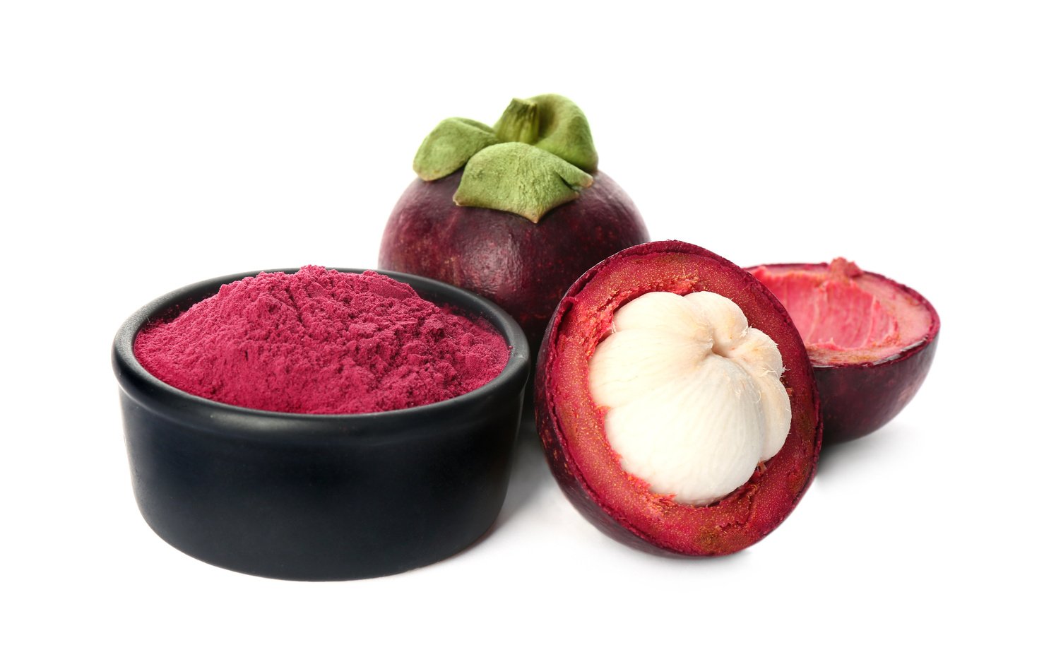 Mangosteen Powder and Fruits on White Background